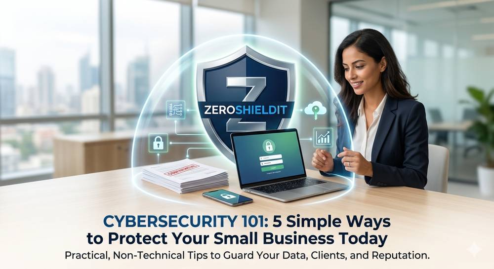A professional digital shield icon protecting a laptop and a small business storefront.