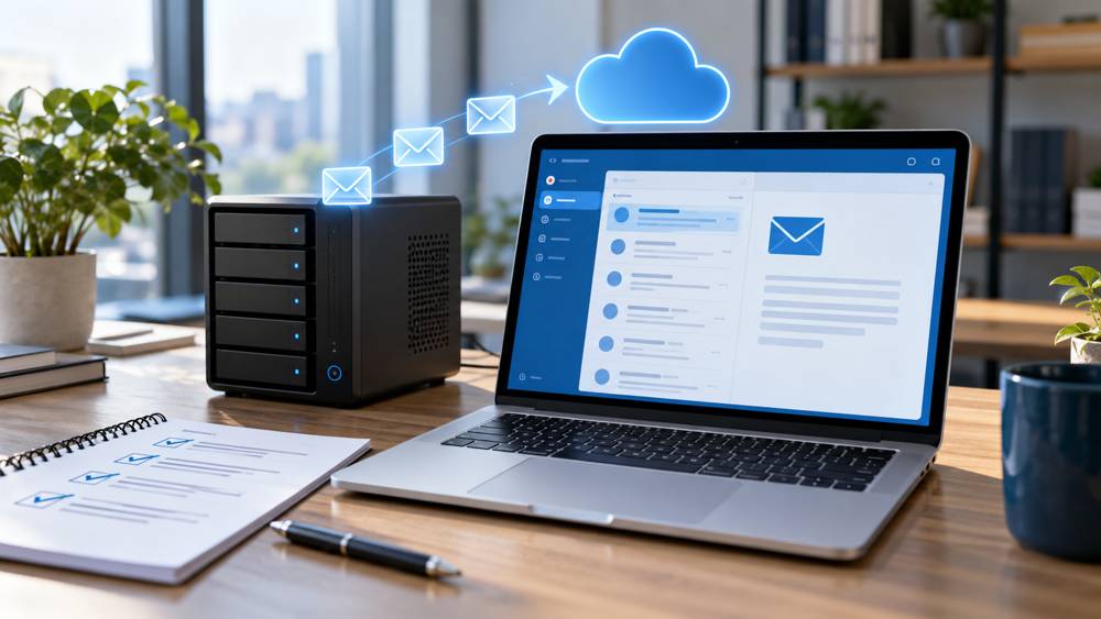 Laptop beside a mail server and checklist, with envelope icons illustrating business email migration to Microsoft 365.
