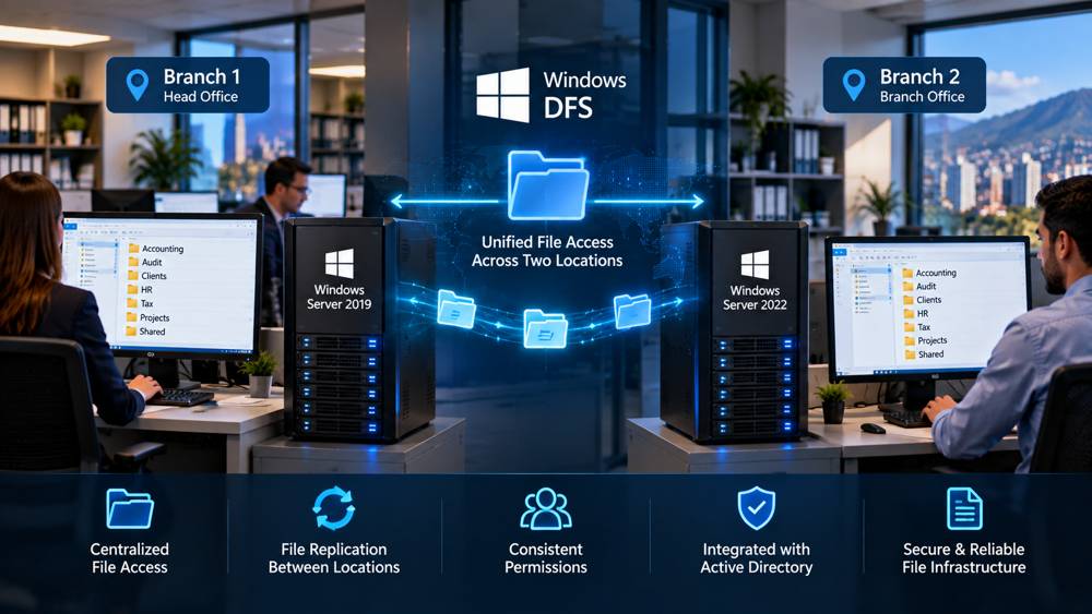 Two-site Windows DFS file infrastructure connecting head office and branch office servers for centralized file access, replication, consistent permissions, and Active Directory integration.