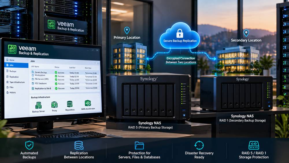 Veeam Backup & Replication with Synology NAS systems protecting Windows Server data across two locations using RAID storage and secure backup replication.