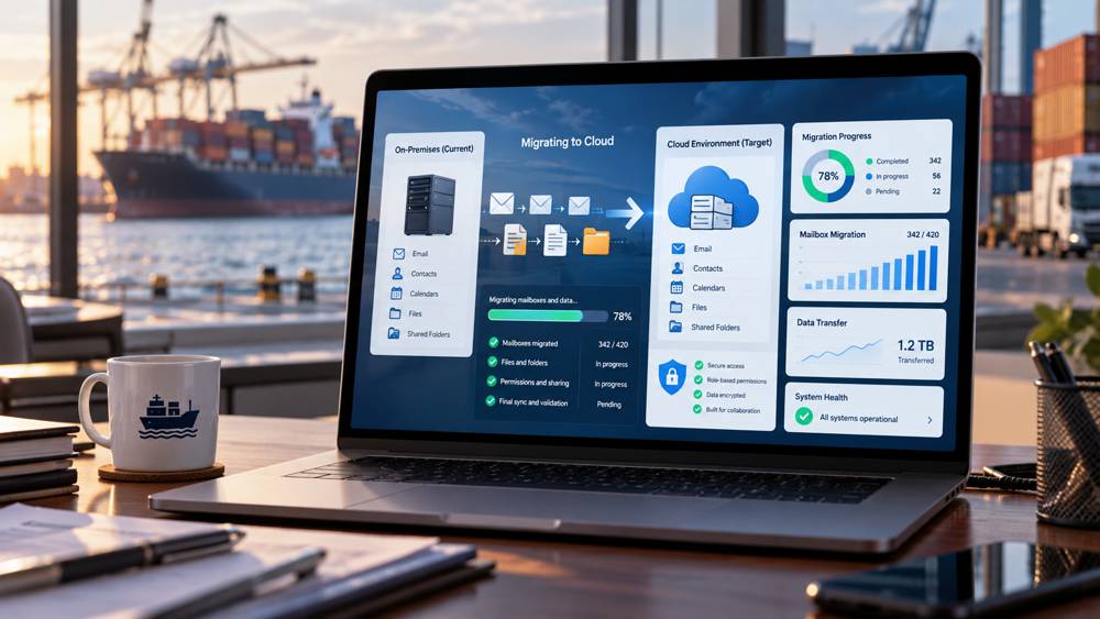 Cloud migration dashboard for a shipping agency, showing email, files, permissions, security controls, and migration progress to a cloud environment.
