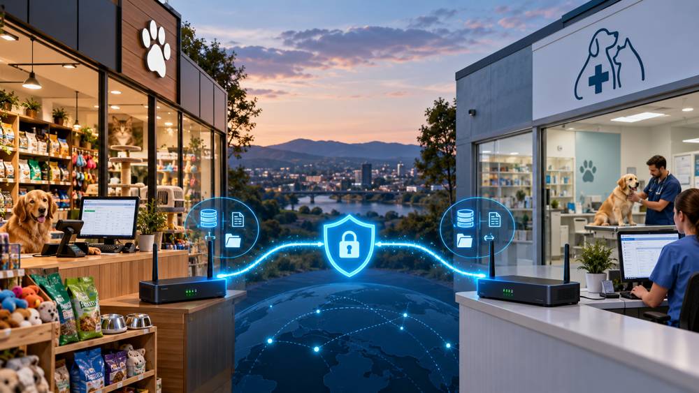 Secure site-to-site VPN connecting a pet shop and veterinary clinic, with encrypted data sharing between two branch networks.