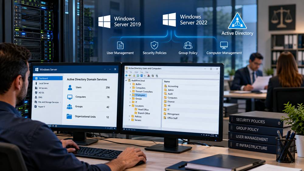 Windows Server and Active Directory deployment for an audit firm, showing centralized user, computer, and security management in a professional office environment.