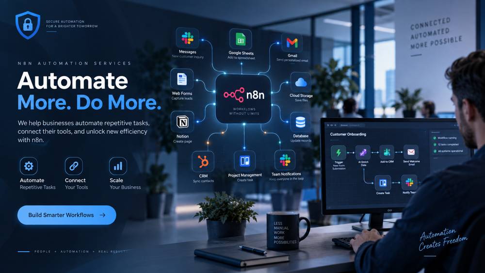n8n business automation services connecting workflows, apps, cloud systems, and business tools with secure IT automation